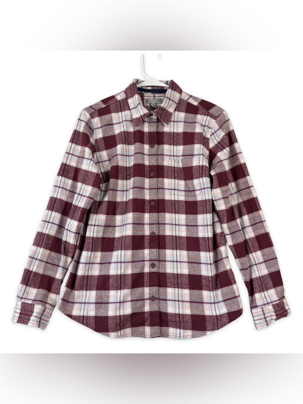 Ocean Coast Flannel Shirt Womens M Medium Maroon White Plaid with‎ Pocket